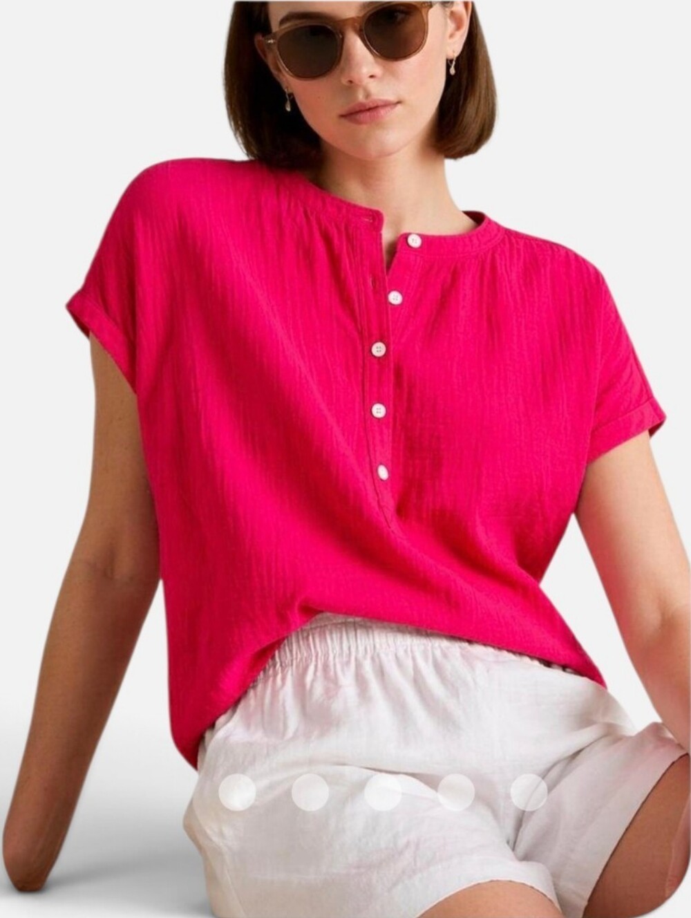 QUINCE Hot Pink Short Sleeve Button Henley Blouse Organic Cotton Gauze M